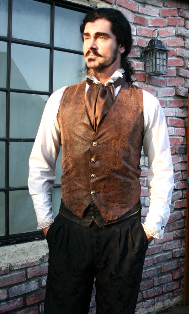 Brown and Black Tooled Faux Leather Gentlemen's Steampunk Vest, Cravat and Cumberbun Ensemble