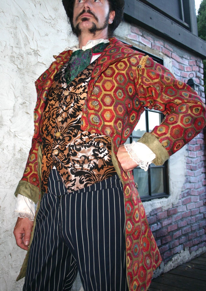 Red Tapestry Steampunk Frock Cutaway Coat Ensemble