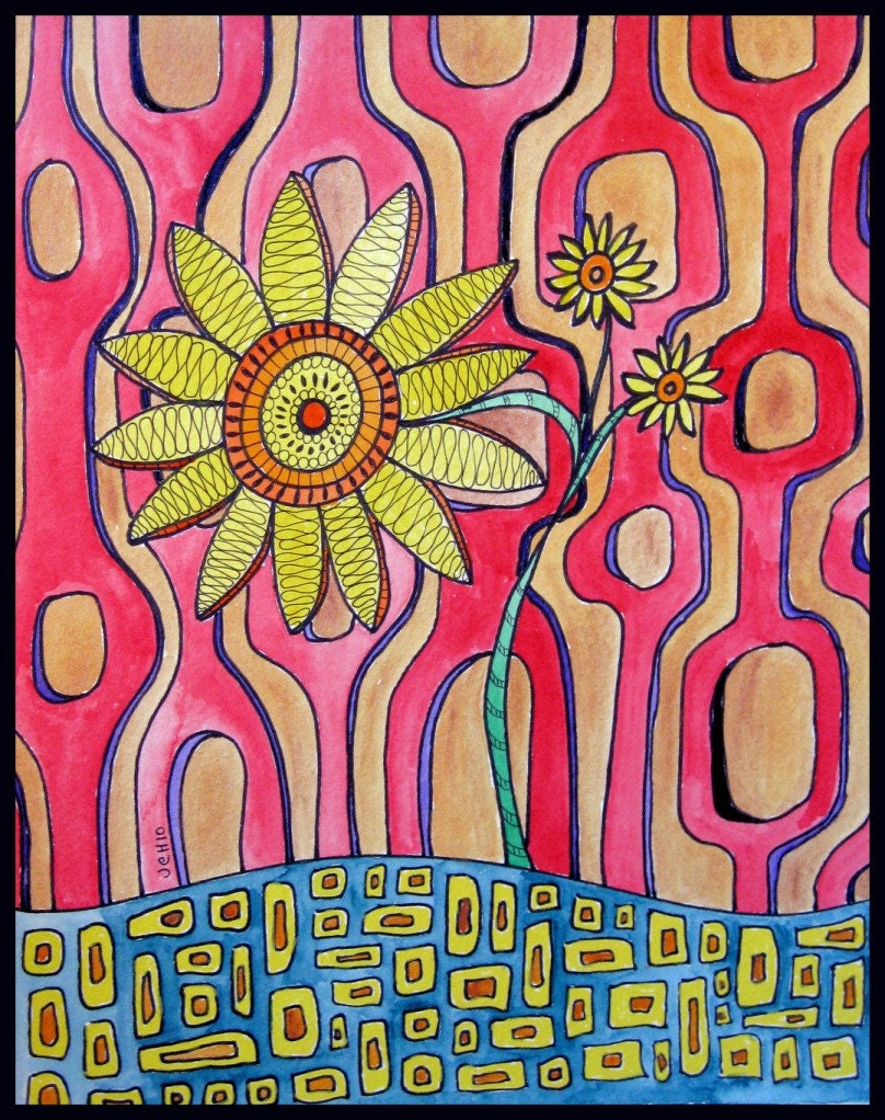 Retro Flower Watercolor Drawing