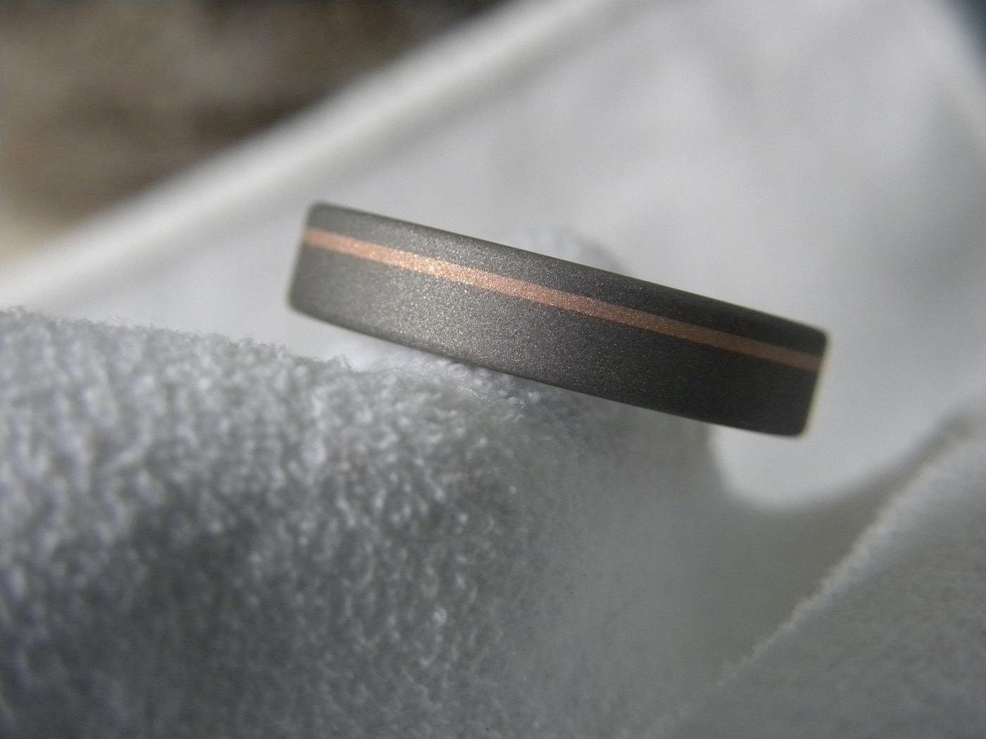 Titanium Ring Offset Pinstripe Rose Gold Inlay Sandblasted