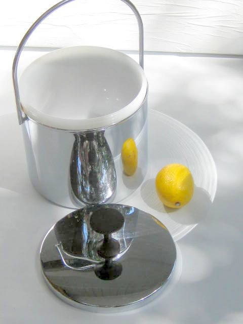 Vintage Chrome Ice Bucket with Milkglass Insert and Wood Handle
