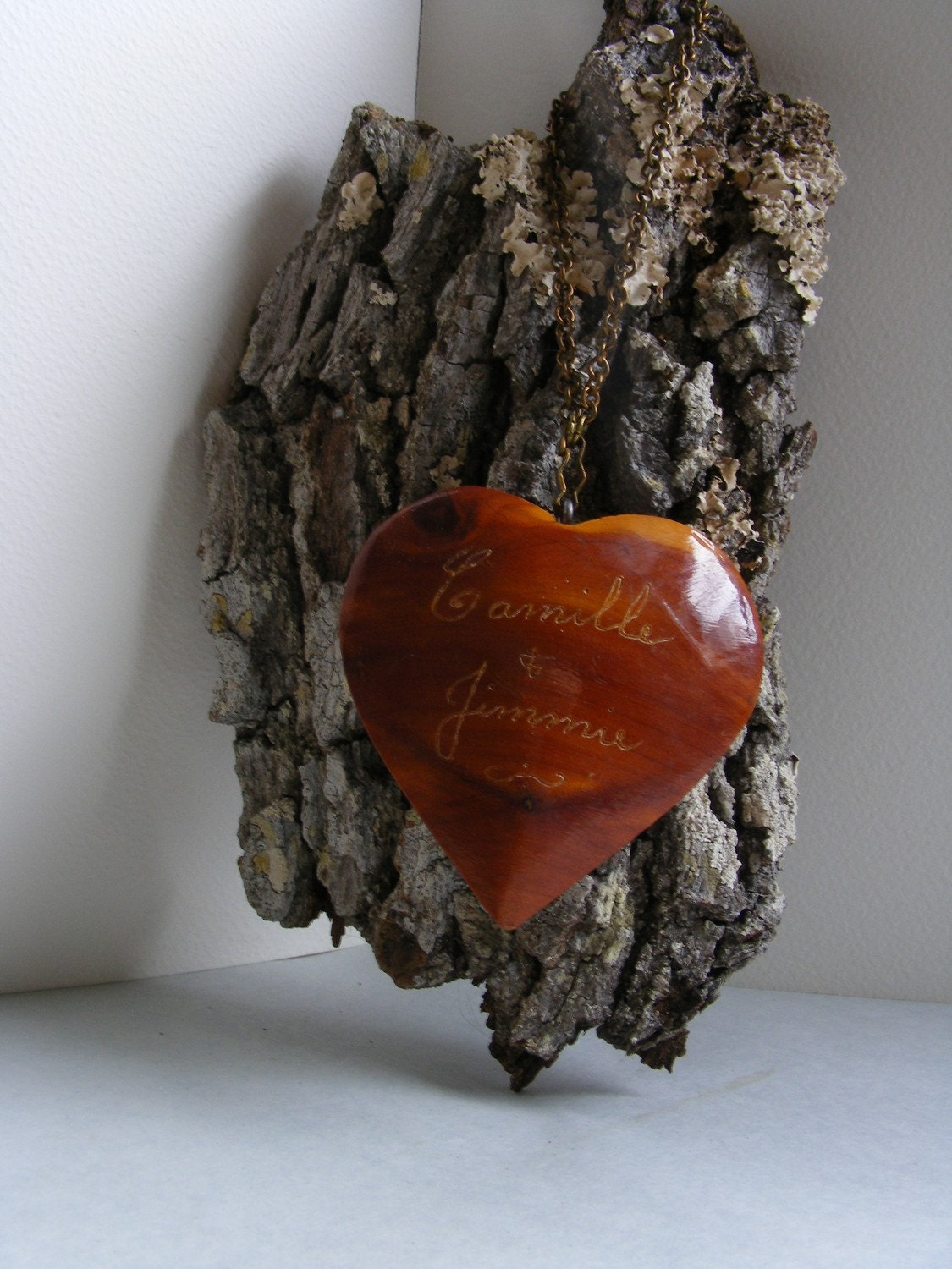 Vintage Etched Camille and Jimmie Wooden Heart Pendant Ornament