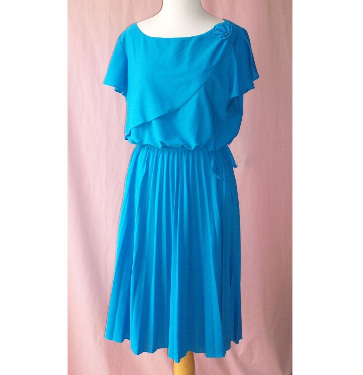 Bright Blue Rose Trim Blouson Top Dress Pleated L Vintage 80s