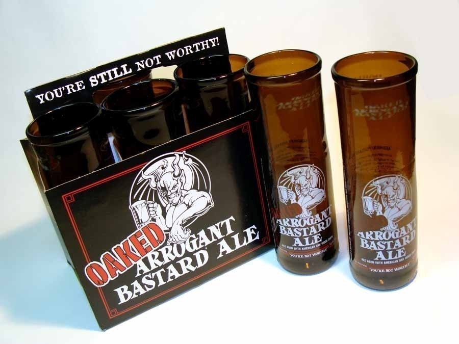 Six Pack Set of Recycled Arrogant Bastard Oaked Beer Bottle Drinking Glass Cups