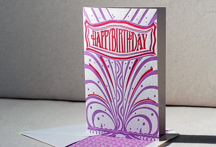 SALE - Birthday Lights Letterpress Greeting Card - Bamboo paper, patterned envelope. C4-B26T