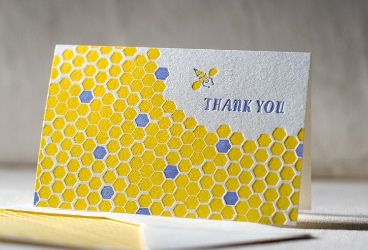 Letterpress Note Cards - Honeycomb. Bamboo paper, patterned envelopes, set of 6 cards. 4-E2T