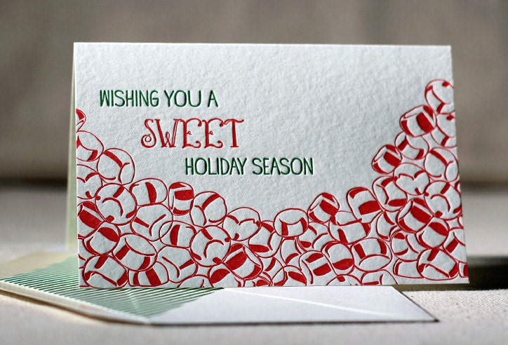 Letterpress Holiday Cards - Peppermint. Bamboo paper, patterned envelopes, set of 6 cards. 4-G6T