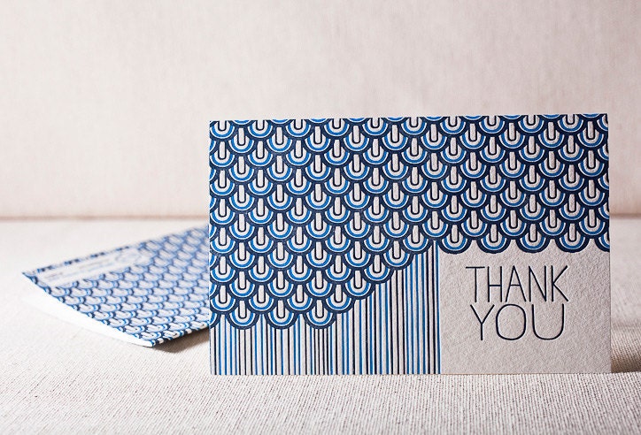 Letterpress Thank You Cards - Leighton. Bamboo paper, patterned envelopes, set of 6 cards. 4-K7T