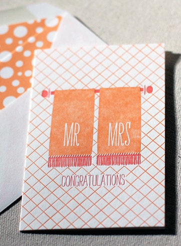 Letterpress Greeting Card - Mr & Mrs, Bamboo paper, patterned envelope, C4-H8T