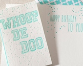 Whoop De Doo Letterpress Greeting Card - Bamboo paper, patterned envelope. C4-N06T