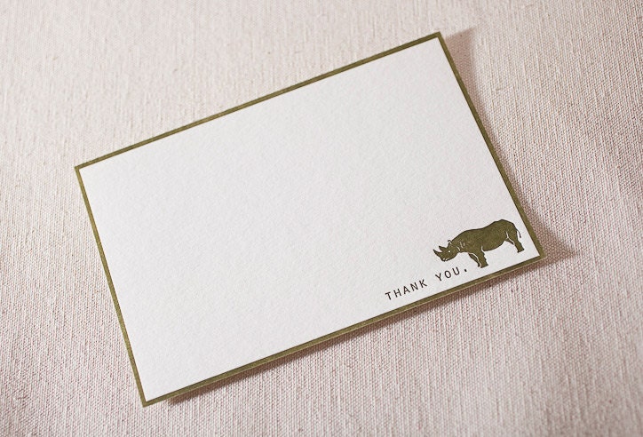 Letterpress Thank You Cards - Rhino. Bamboo paper, kraft envelopes, set of 8 flat cards in kraft bottomed box. V6-16T