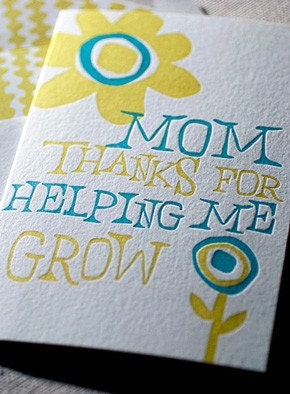 Mothers Day Grow Letterpress Greeting Card. Bamboo paper, patterned envelope, sun and flowers. C4-A32T.