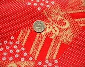 SALE :) red and gold vintage 1970s dots and flowers print fabric -- 43 inches wide x 42 inches long plus