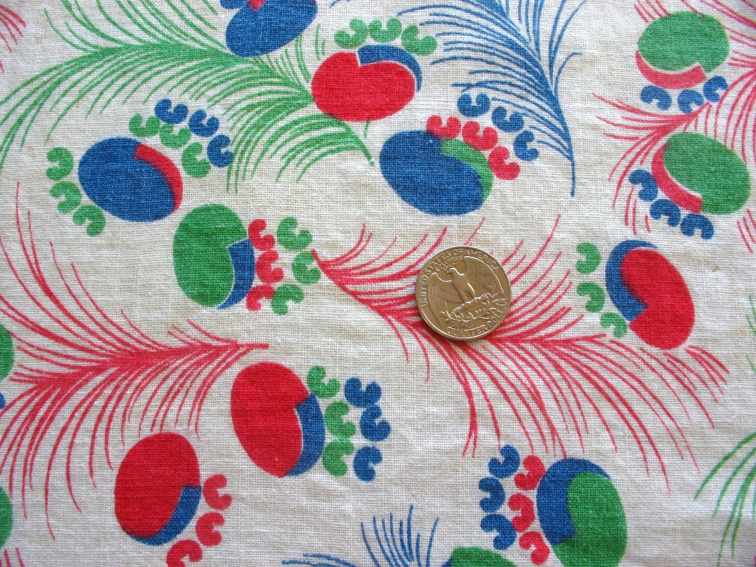 red, blue and green feathers and circles vintage full feedsack fabric