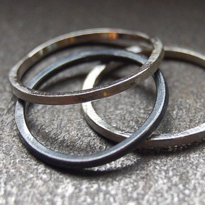 Slim Modern Stacking Rings in Sterling Silver -  Simple Jewelry - Oxidized Black Ring Band - Set of 3 Stacking Rings - by kusu