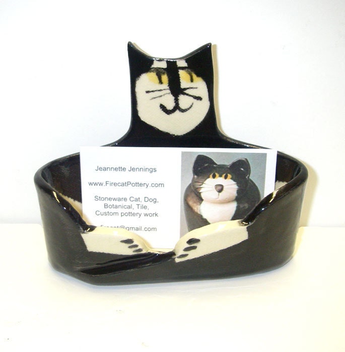 Tuxedo cat Business card Holder hand made pottery