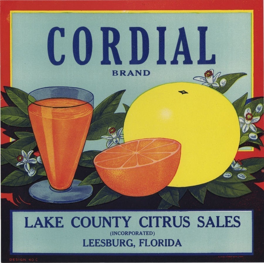 Cordial Citrus orange grapefruit crate label Florida