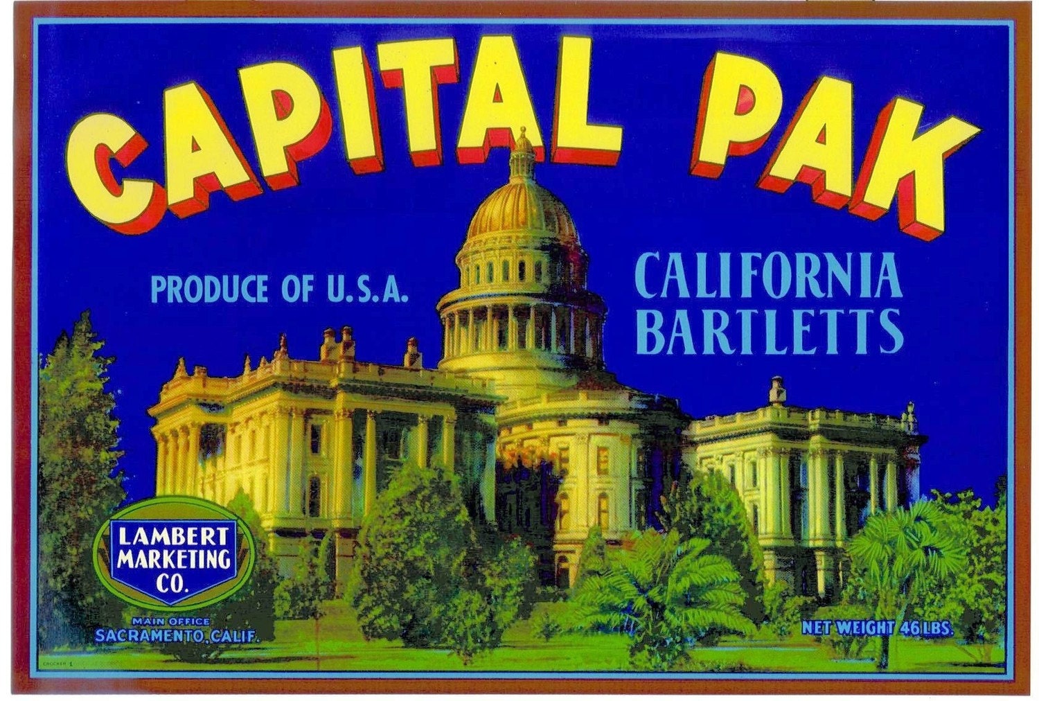 Sacramento California Capital Building Pear Crate Label