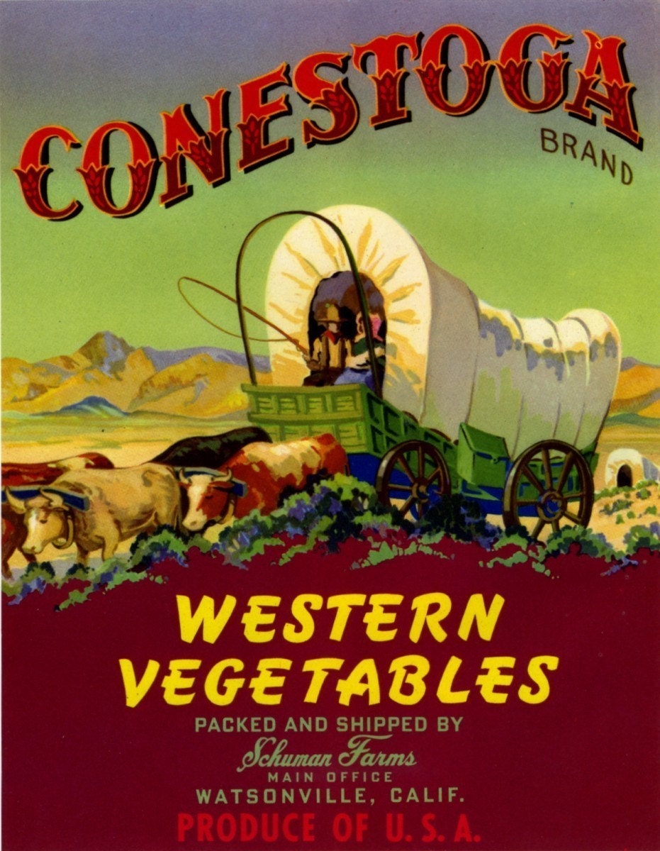 Conestoga Wagon Train with Oxen Vegatable Crate Label