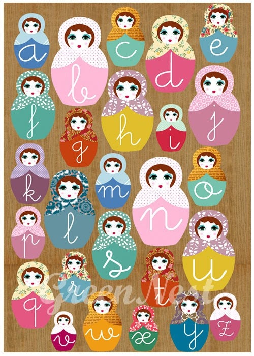 Learn ABC with cute russian dolls on wooden background