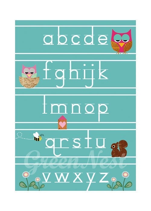 Learn ABC with cute animals- Owl, Squirrel, bee and Little Treehouse blue educational poster print