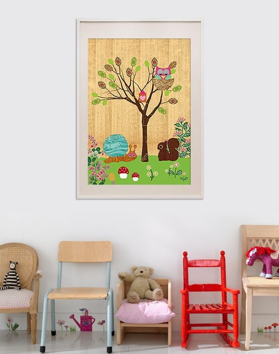 NEW A3 Size: Cute Snail, Squirrel and pink Owl collage poster print on wooden background
