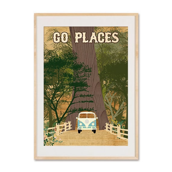 Vintage Volkswagen Camper Bus Collage Poster Print, Redwoods, Go Places, Chandelier