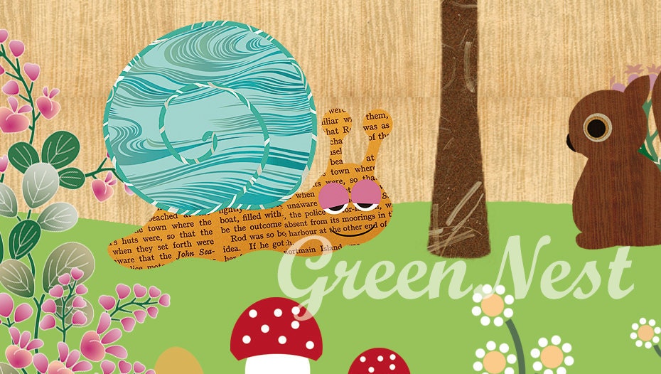 NEW A3 Size: Cute Snail, Squirrel and pink Owl collage poster print on wooden background