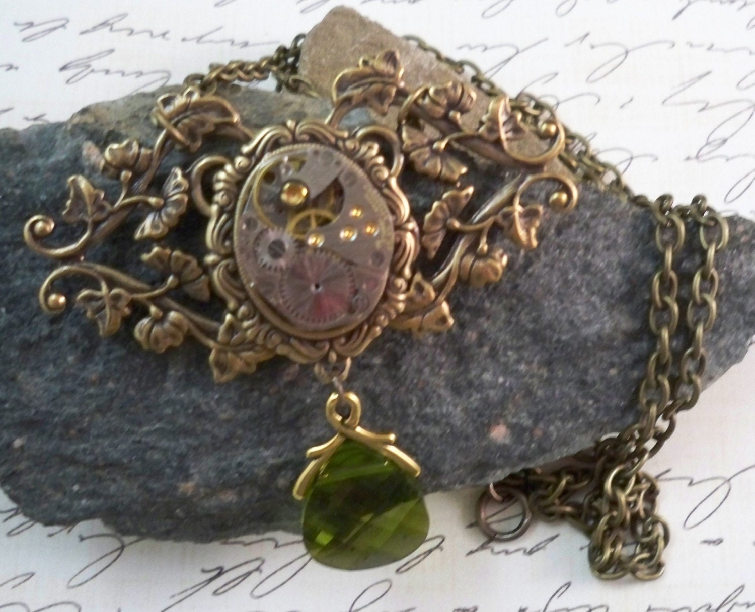 Eireann - Steampunk with Victorian Vines and Olive Crystal Briolette Neckace & Earring Set
