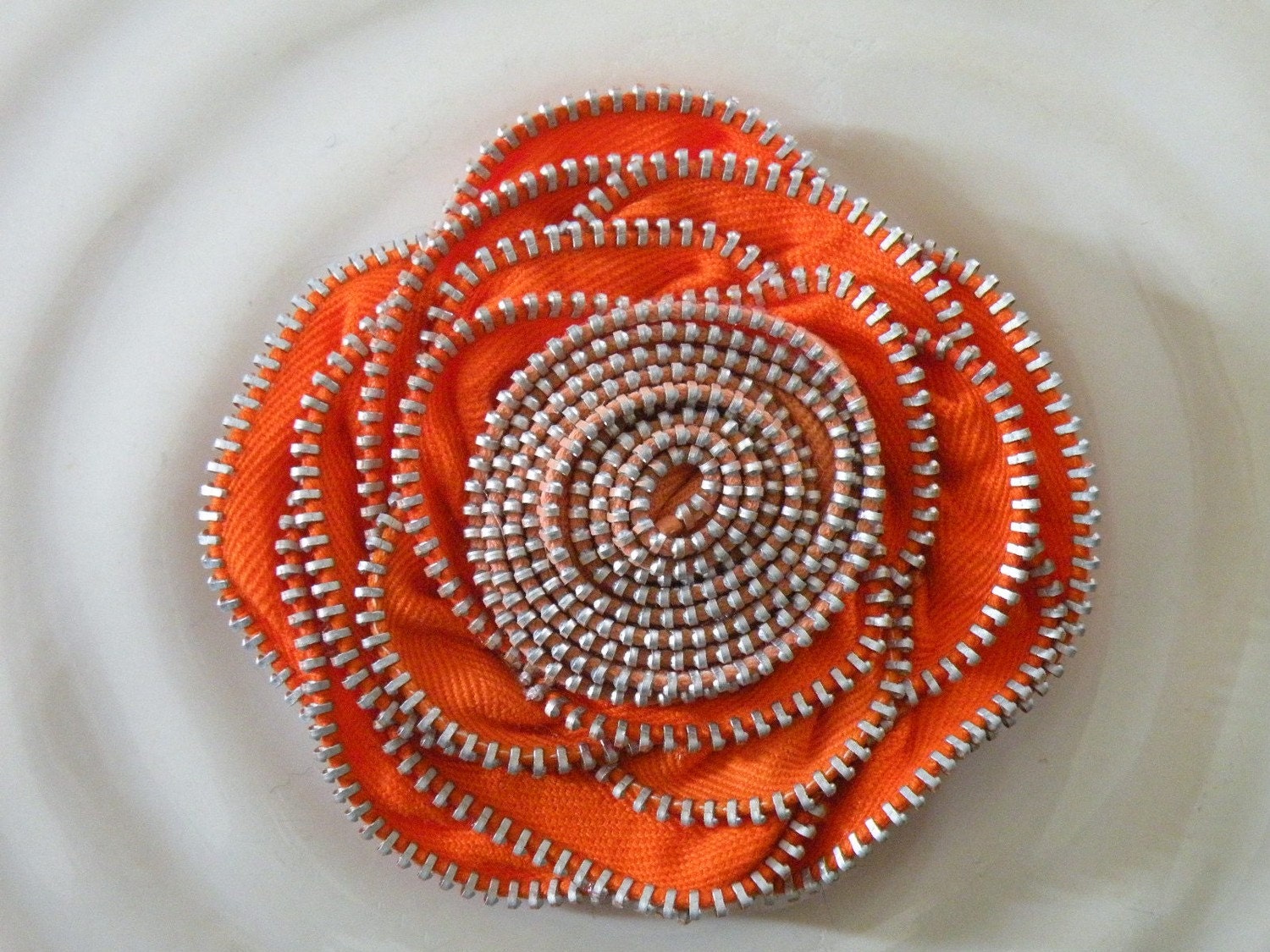 Orange Recycled Vintage Zipper Flower Brooch or Hair Clip