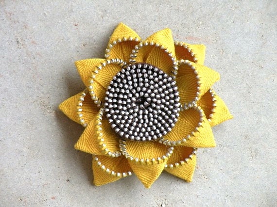 Sunflower Recycled Zipper Flower Brooch or Hair Clip