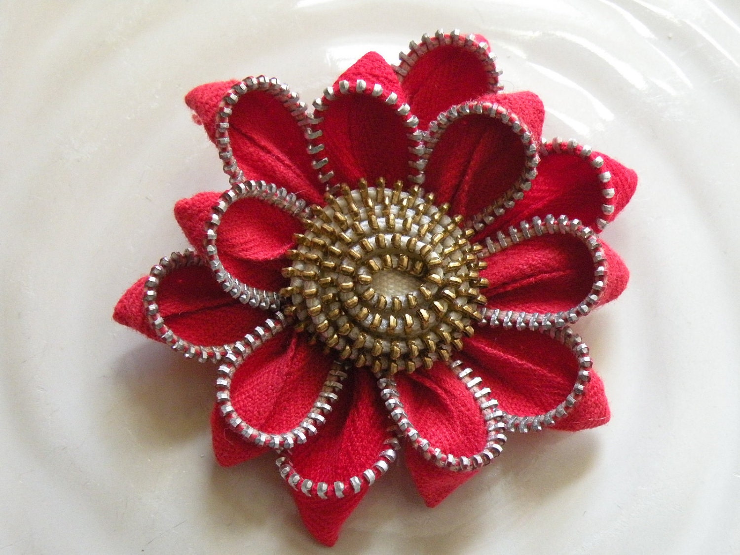 Red Vintage Recycled Zipper  Flower Brooch or Hair Clip