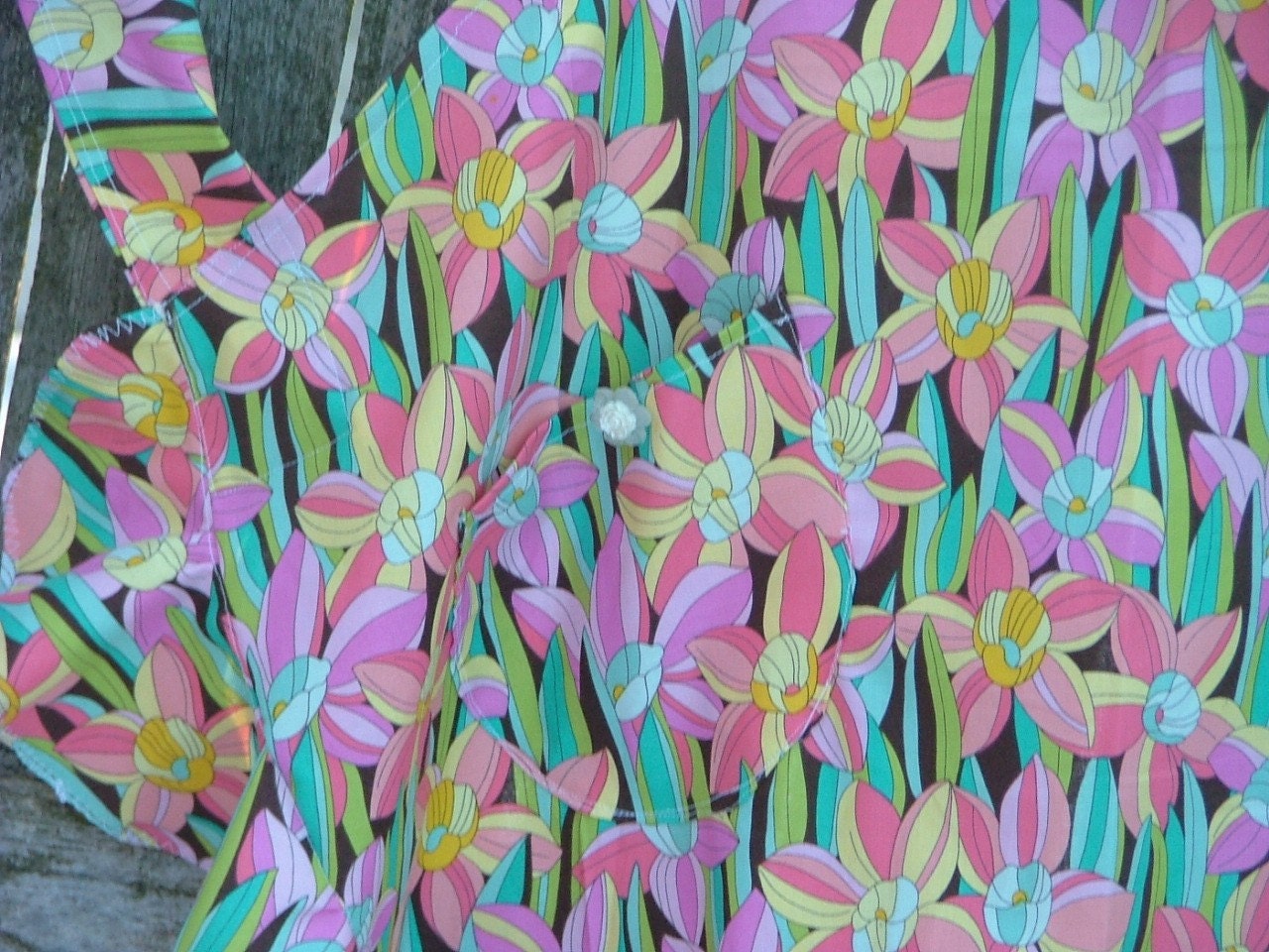 Pink Brown Turquoise and Green Apron Full Length Flouncy Ruffled