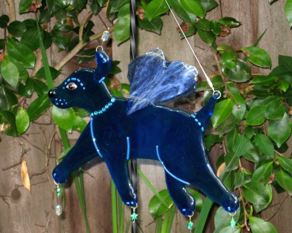 Wind Chime Dog Angel Blue Fused Glass