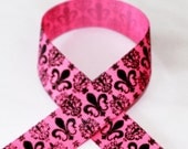 7/8 Black & Hot Pink Damask Grosgrain Ribbon 3 Yards