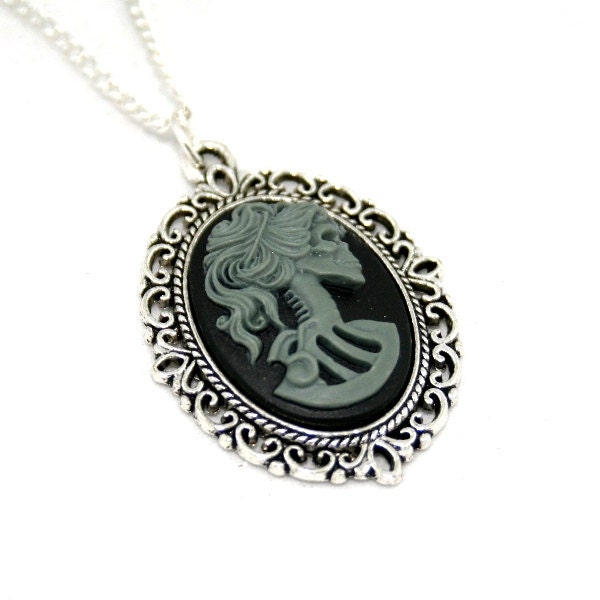 SALE - Bride Skeleton Cameo Necklace Lolita Grey on Black