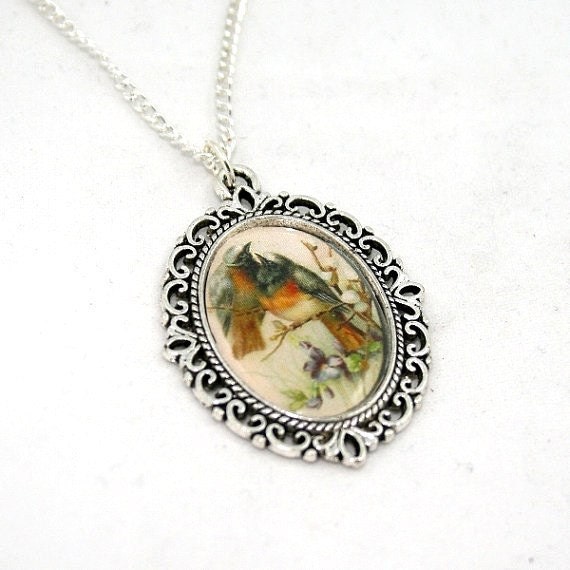 Bird Necklace, Bird Cameo, Bird Illustration Pendant