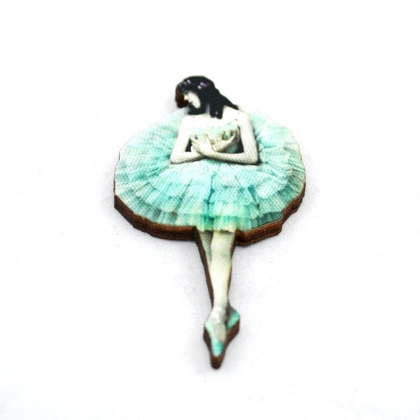 Mint Green Ballerina Brooch, Wood Accessory, Dancer Illustration, Ballerina Badge