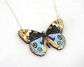 Blue Butterfly Necklace, Wood Pendant, Illustration Jewelry