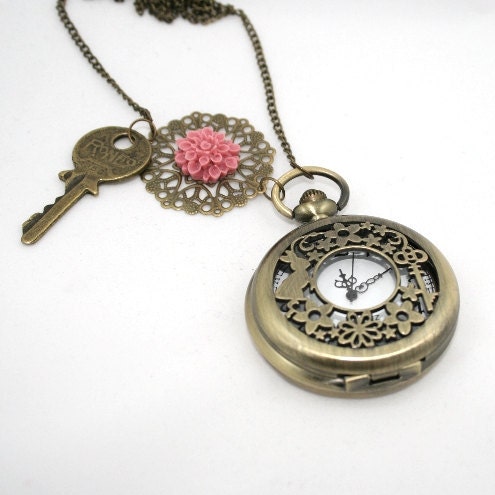 Beautiful Rabbit and Key Pocket Watch Necklace