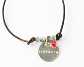 Leather Charm Bracelet Strength Dark Brown and Silver Hand Stamped Charm
