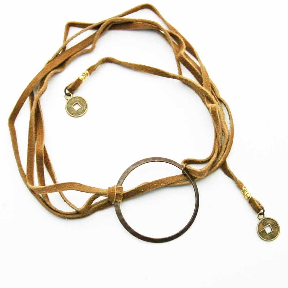 Suede Wrap Bracelet with Eternity Circle Camel and Antique Brass Wrap Necklace Choker Chinese Coin Charms Free People