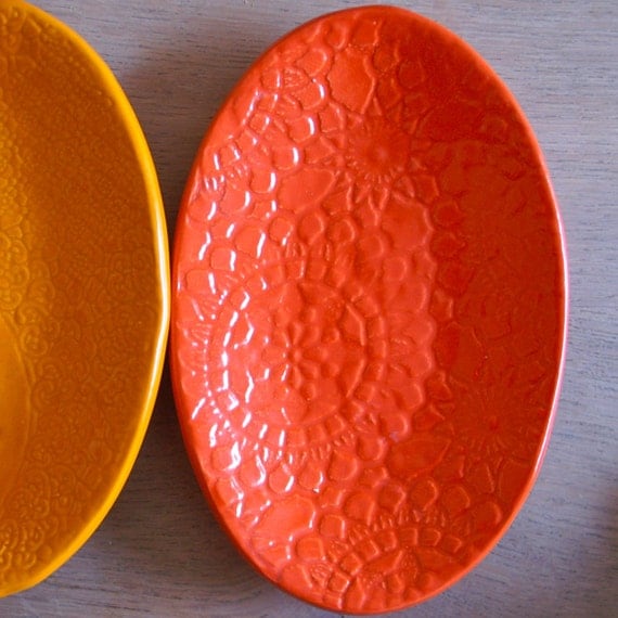 SALE: Orange Tapas Croutons - small oval dish - ceramic - Wobbly Plates Series