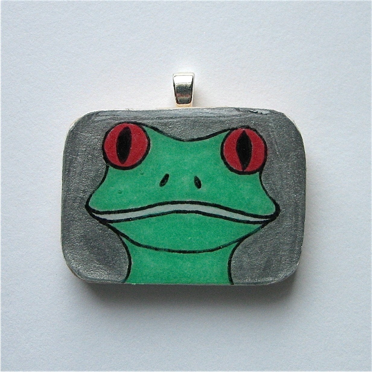 Green Tree Frog - Wood Rectangle One of a Kind Nature Art Pendant