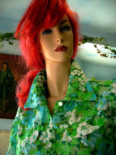70s vintage silk hawaii blouse green floral long sleeves
