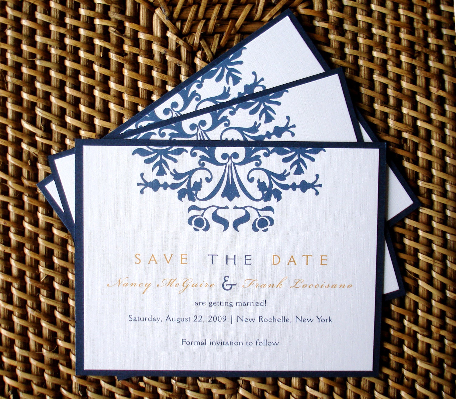 Wedding Save the Date card - Brocade Linen and Metallic Navy blue and gold  layered card for sarahbertolino1