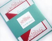 Scroll Wedding Invitation Set w/ Belly Band - Metallic Aqua Red. Bat mitzvah, sweet sixteen