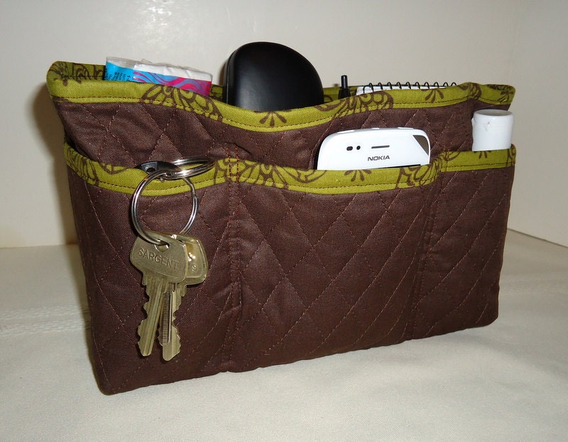 Quilted Purse Organizer Insert/Quilted/ 4" Depth/ Enclosed Bottom/Brown With Olive Green print
