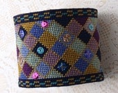 Needlepoint Wrist Cuff - Soft Jewel Tone Harlequin Patterned Needlepoint Wrist Cuff - Size 7.25 (W304)