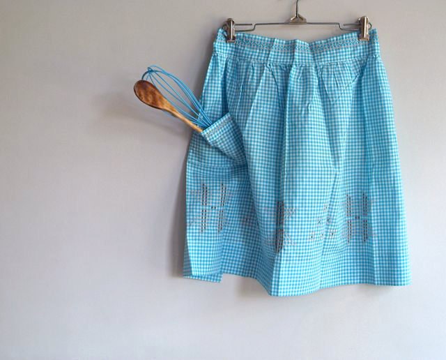 1960s Aqua Blue Gingham Apron, Vintage Cook's Apron, Cross Stitched, Farmhouse, Country Chic